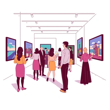 An art exhibit where visitors admire beautiful paintings while sipping champagne.