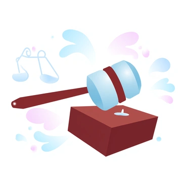 A gavel is striking a wooden block, creating a small impact that sends vibrations through the surface beneath it. The gavel has a polished surface that reflects light in a gradient of pastel colors, while the block is a rich, dark wood with smooth edges. Surrounding the gavel and block, there are subtle hints of justice symbols, like balanced scales, softly integrated into the background. The overall scene conveys a sense of authority and order.