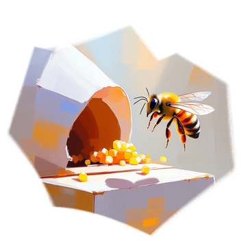 A honeybee with a fuzzy body and delicate wings is flying towards a beehive. Its pollen baskets on the hind legs are overflowing with vibrant yellow pollen grains. The hive is made of hexagonal cells, visible in the background, with a few bees buzzing around the entrance. The bee is mid-flight, with its wings in motion, creating a sense of activity and purpose as it approaches the hive.