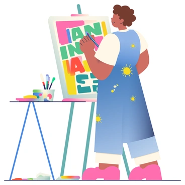 An illustrator working on a large poster design with vibrant colors and bold text