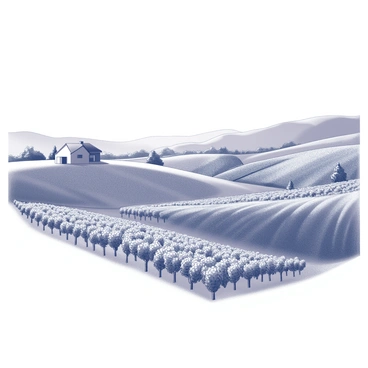 Rolling hills stretch across the landscape, their gentle slopes adorned with neat rows of grapevines. The vines are lush and meticulously arranged in linear patterns, creating a rhythmic texture across the hills. The ground is dotted with clusters of grapes, hanging from the vines, while the sky above is vast and clear. A distant farmhouse can be seen nestled among the hills, adding a rustic touch to the serene environment.