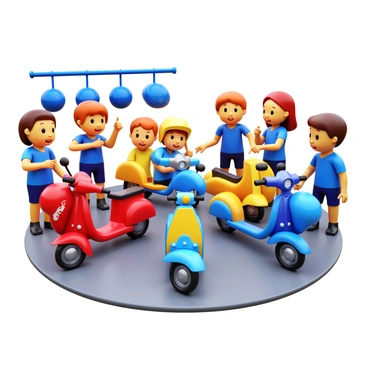 Children excitedly looking at mini mopeds designed for kids in the dealership
