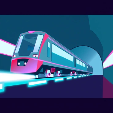 A train with a sleek, retro-futuristic design, featuring a streamlined body and metallic surfaces reflecting light. Its elongated shape is adorned with vintage details and bright neon accents. This train is speeding through a tunnel with smooth, curved walls, illuminated by glowing panels along the edges. The motion creates a blur effect around the train as it travels at high speed, while sparks fly from its wheels as they make contact with the track. The tunnel is dark, contrasting with the vibrant colors of the train and the lights.