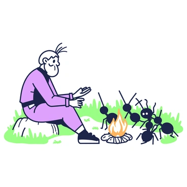 An elder ant is sitting on a small rock, sharing stories with a group of young ants gathered around a tiny campfire. The campfire consists of a few twigs arranged in a circle, with small flames flickering at the center. The elder ant, larger in size, has distinct features that indicate age and wisdom. The young ants, with their smaller bodies, are sitting attentively, some with their antennae raised in curiosity. The surrounding environment is filled with soft soil and blades of grass, creating an inviting atmosphere for storytelling under the night sky.
