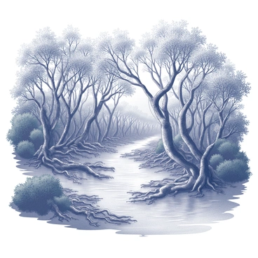 A dense mangrove swamp filled with numerous twisted tree roots extending above and below the water's surface. The roots intertwine with each other, creating a complex network. A gentle stream flows through the swamp, with clear water reflecting the silhouettes of the mangrove trees. Lush greenery surrounds the area, emphasizing the texture of the bark and leaves. Small ripples can be seen in the water caused by the movement of the stream, adding depth to the scene.
