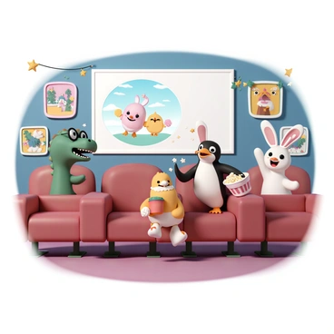 A group of animated characters, including a green dinosaur wearing oversized glasses, a cheerful penguin holding a bucket of popcorn, and a bright-colored rabbit with large ears, are seated in plush red movie theater chairs. The dinosaur is leaning forward, eyes wide and excited, while the penguin is laughing, with popcorn falling from its flippers. The rabbit is animatedly pointing at the large screen, where colorful characters from a film can be seen. The walls of the theater are adorned with vibrant posters of various animated films, and twinkling fairy lights hang from the ceiling, adding a playful ambiance.