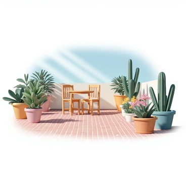 A sundrenched patio with brick flooring and potted plants