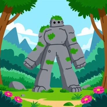 A towering stone golem with jagged features and moss-covered surfaces stands vigil in a lush valley. The golem is made of large, irregular stones, each intricately detailed with cracks and textures. Surrounding the golem, vibrant green foliage and various plants create a dense environment. Brightly colored flowers bloom at the base of the golem, while tall trees with thick trunks rise in the background, their leaves forming a canopy above. Sunlight filters through the branches, casting dappled shadows on the ground. The atmosphere is rich with life and the sounds of nature.