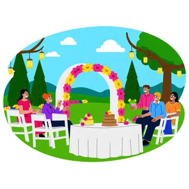 A joyful wedding ceremony is taking place in a beautiful garden. The scene features a white floral arch adorned with vibrant pink and yellow flowers at the front, creating a focal point for the ceremony. Guests are seated on white wooden chairs, some with decorative ribbons tied around them. The guests include smiling individuals dressed in colorful attire, some holding small bouquets. The garden is lush with green grass, colorful flower beds, and tall trees providing gentle shade. Decorative lanterns hang from branches above, casting soft light. A table with a white tablecloth holds a two-tiered wedding cake decorated with fresh flowers. In the background, a blue sky complements the cheerful atmosphere.