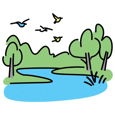 A winding river flows through a dense jungle, surrounded by lush green foliage and tall trees. The water reflects the vibrant colors of the plants along its banks. Various colorful birds can be seen flying overhead, their wings spread wide against the backdrop of the canopy. The scene captures the dynamic movement of the river and the lively presence of the birds in the sky.