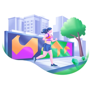 An athlete is jogging along a city sidewalk, showcasing their athletic wear with bright colors. Surrounding them are vibrant street art murals, featuring bold geometric shapes and colorful abstract designs. The urban setting includes tall buildings, and a few trees provide a touch of greenery. The scene is filled with dynamic energy, capturing the motion of the athlete in contrast to the stationary murals. Sunlight casts interesting shadows on the ground, enhancing the overall vibrancy of the scene.