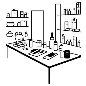 A cosmetics counter filled with various makeup products arranged neatly on the surface. There are lipstick tubes, eyeshadow palettes, and bottles of foundation displayed prominently. A mirrored display reflects the products and enhances the overall appearance of the counter. The surroundings include elegant shelving to hold additional products, and soft lighting highlights the items, creating an inviting atmosphere for customers.