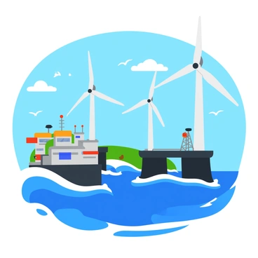 An offshore scene where wind turbines and an oil rig coexist harmoniously