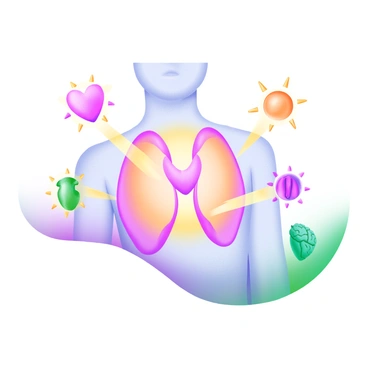 A modern pastel illustration of a thyroid gland depicted as a glowing power source. The gland is centrally located in the image, showcasing its butterfly shape with soft shades of pink and yellow. Radiating from the gland are waves of energy illustrated in bright pastel colors, flowing throughout a simplified outline of a human body surrounding the gland. The energy waves are shown spreading to various organs, represented as colorful icons like a heart, lungs, and brain. The background is a subtle, calming gradient that enhances the focus on the thyroid gland and its radiant energy.