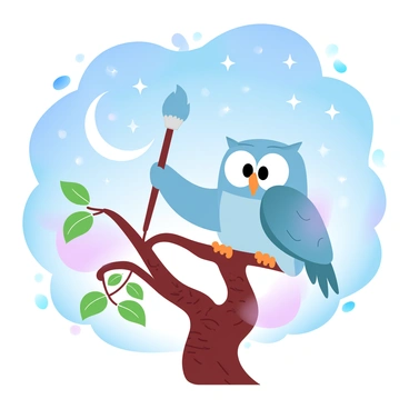 An owl is perched on a branch of a tree, holding a paintbrush in its talons. The owl is surrounded by swirling shades of blue and purple, illustrating a starry night sky filled with shimmering stars and a glowing crescent moon. The tree has textured bark and vibrant green leaves, providing a rich contrast to the night sky above. In the background, soft, flowing gradients create a serene atmosphere, enhancing the whimsical scene of the owl at work.