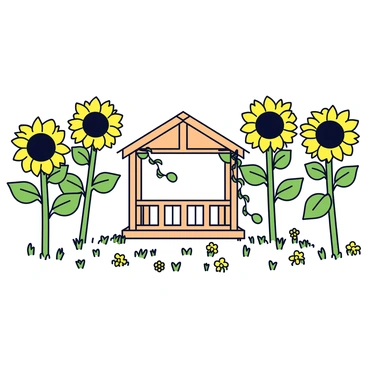 A field filled with towering sunflowers, each with bright yellow petals and large green leaves. The sunflowers stand tall and vibrant, stretching towards the sky. In the center of the field is a quaint gazebo, made of light wood with a slatted roof. The gazebo is surrounded by a low wooden railing and is adorned with climbing vines. The ground is dotted with small green grass and wildflowers, creating a lively atmosphere.