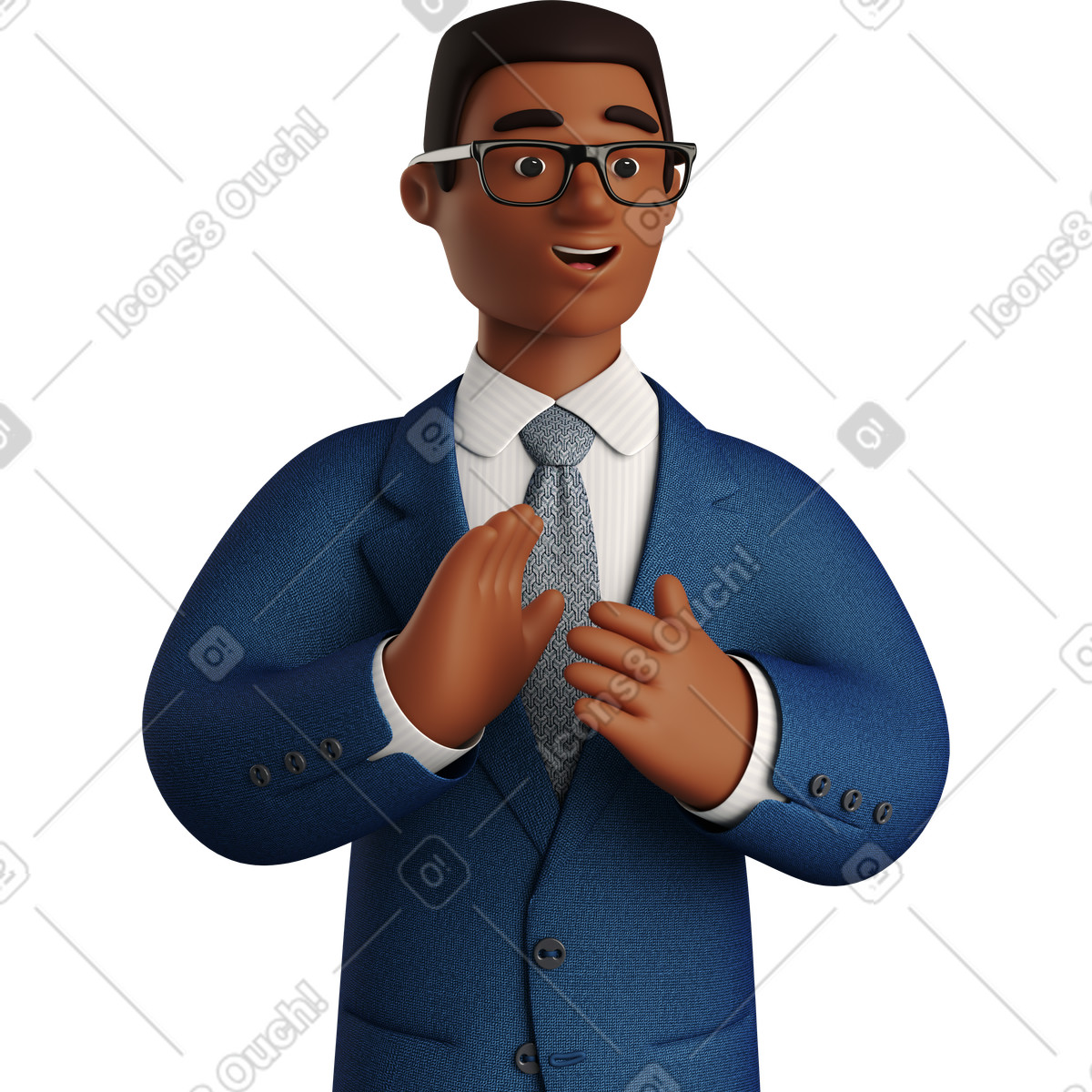 3D Business スタイルの Black businessman in blue suit applauding のイラストをPNG、SVG形式でダウンロード