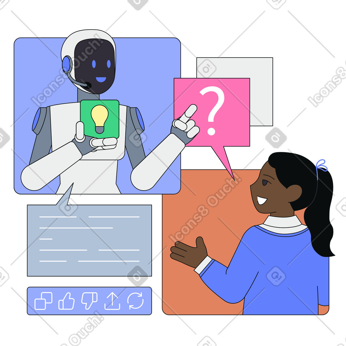 Robot assistant chatting with person, AI customer support and helpdesk illustration in Teko style download in PNG, SVG