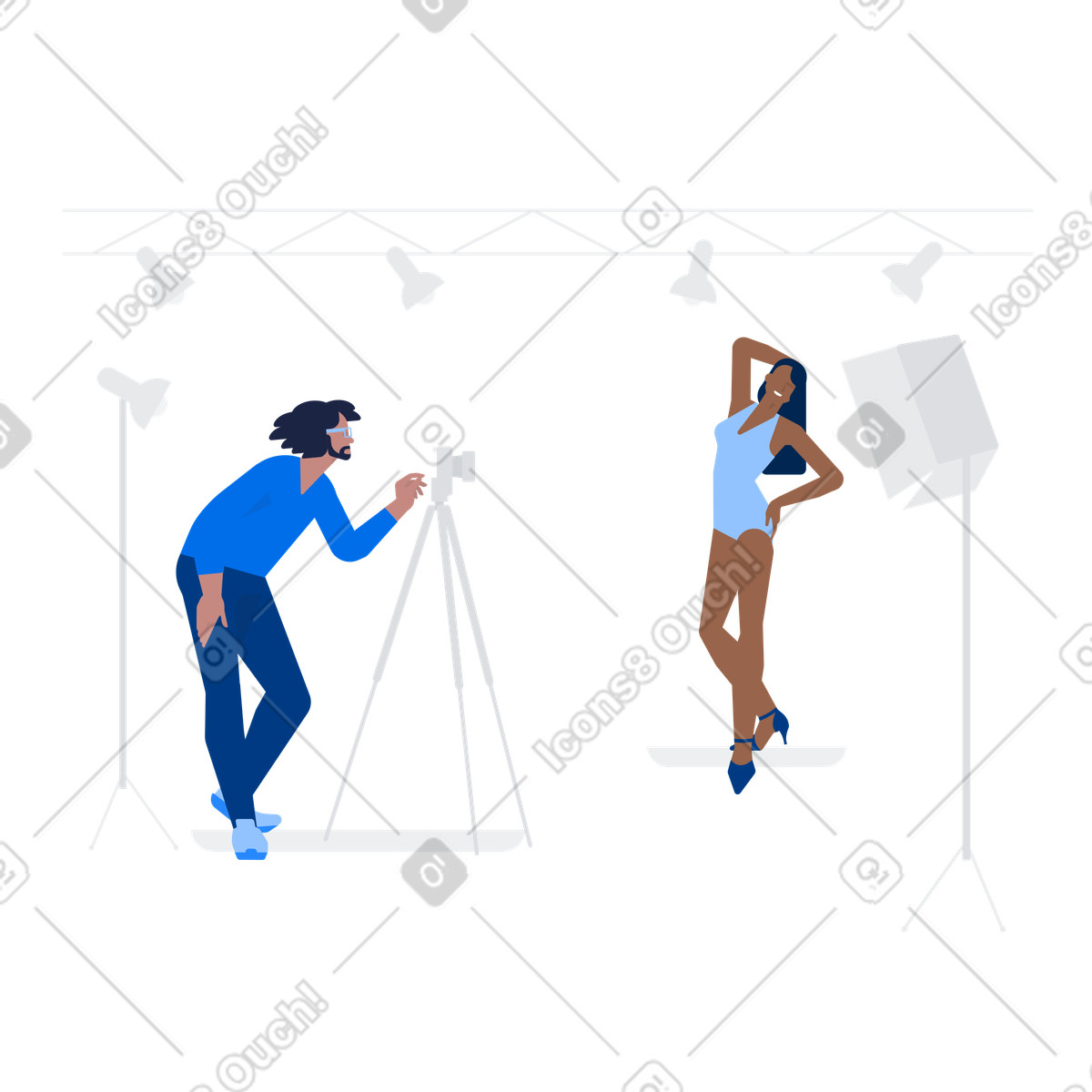 Model und fotograf beim fotoshooting-Illustration im Urban-Stil als Download in PNG, SVG