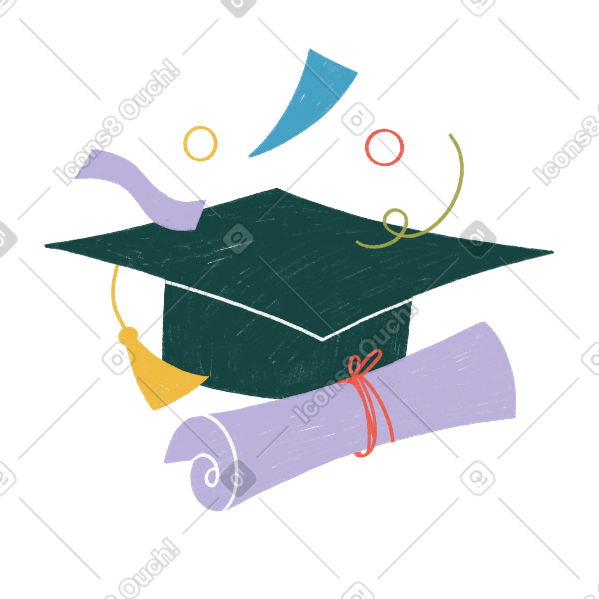 Graduation cap and diploma with confetti illustration in Tutti style download in PNG, SVG