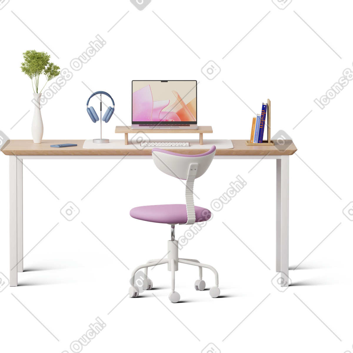 Front view of desk with laptop illustrazione in stile 3D Hygge scarica in PNG, SVG