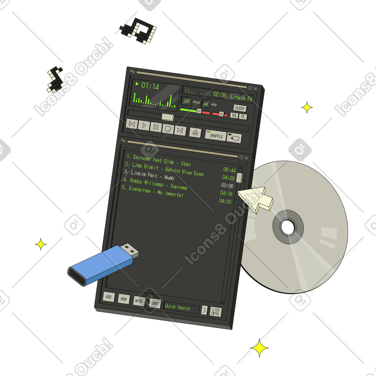 Ilustración Interfaz de reproductor audio retro, unidad flash y cd. en estilo Retro a descargar en PNG SVG