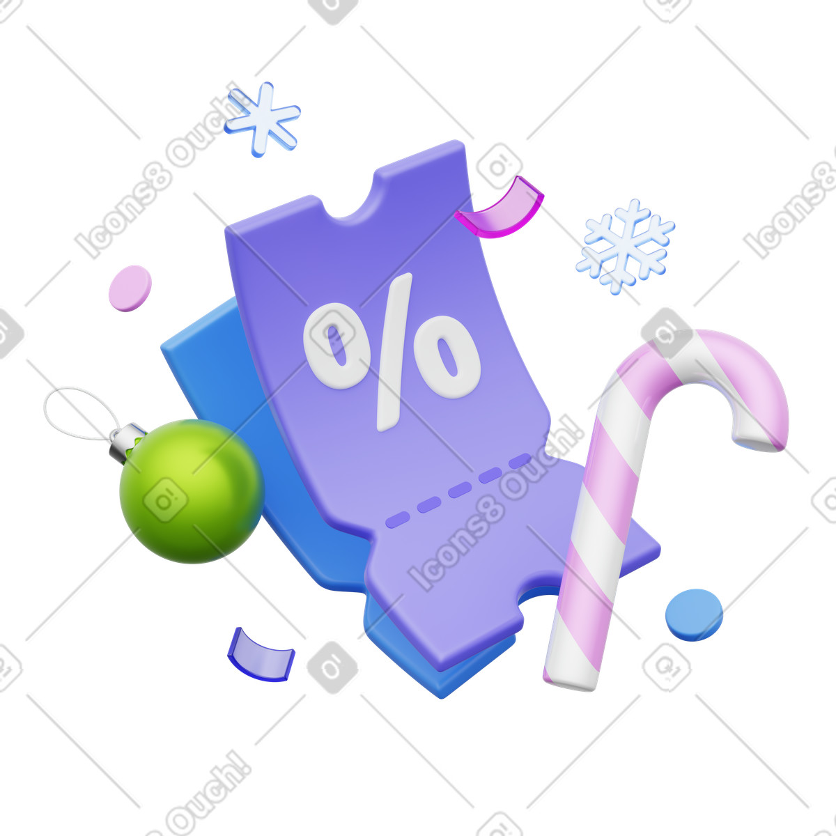 Discount coupon with candy cane and bauble, Christmas sale promotion illustration in 3D Playful style download in PNG, SVG