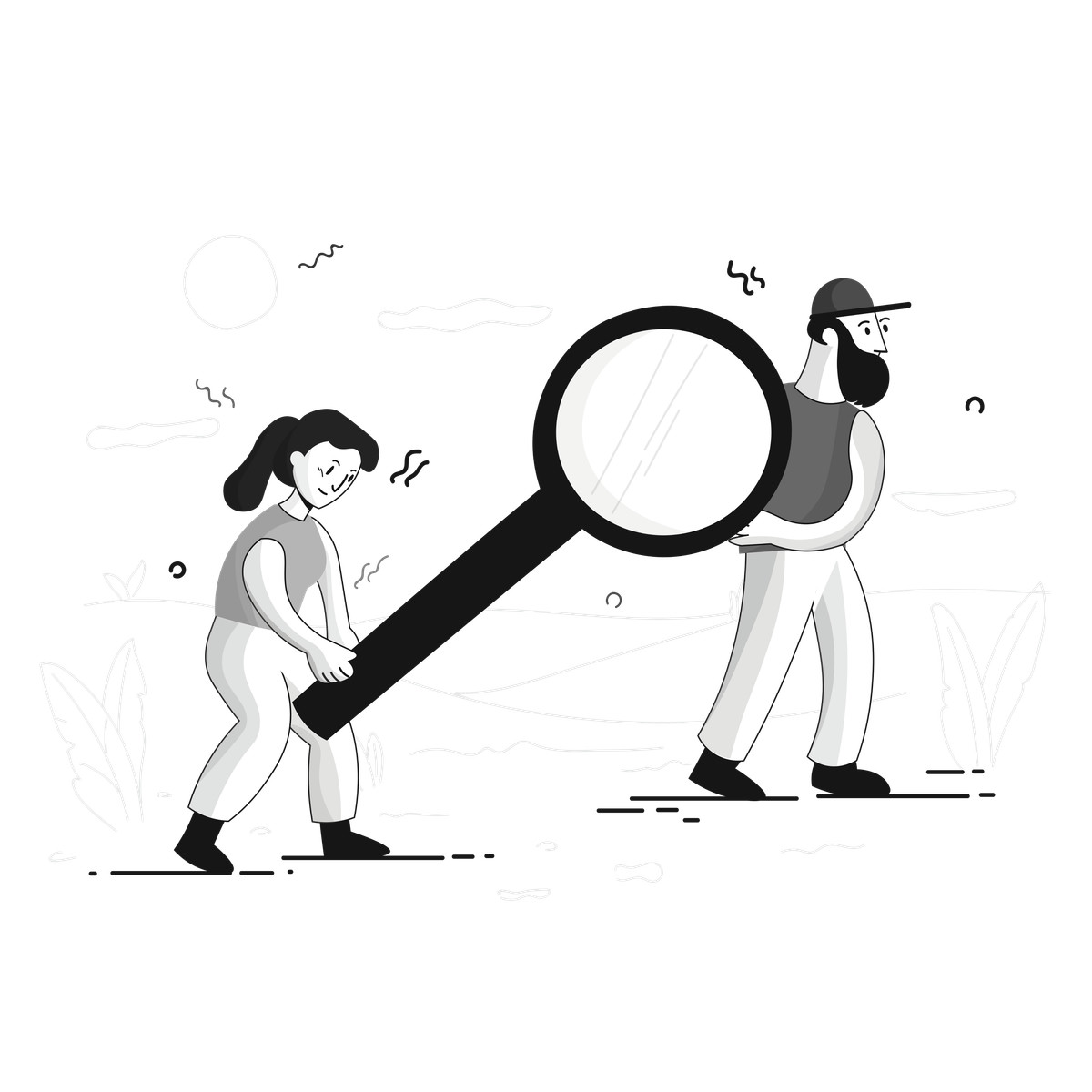 Ilustración Team members carrying magnifying glass, search engine optimization collaboration en estilo Pixeltrue a descargar en PNG y SVG