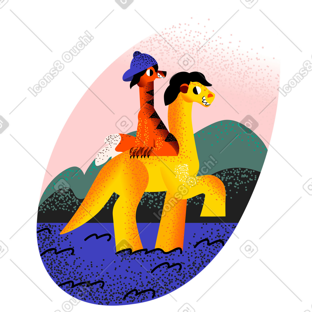 Tigre a cavallo di un dinosauro che attraversa il fiume illustrazione in stile Fauna scarica in PNG, SVG