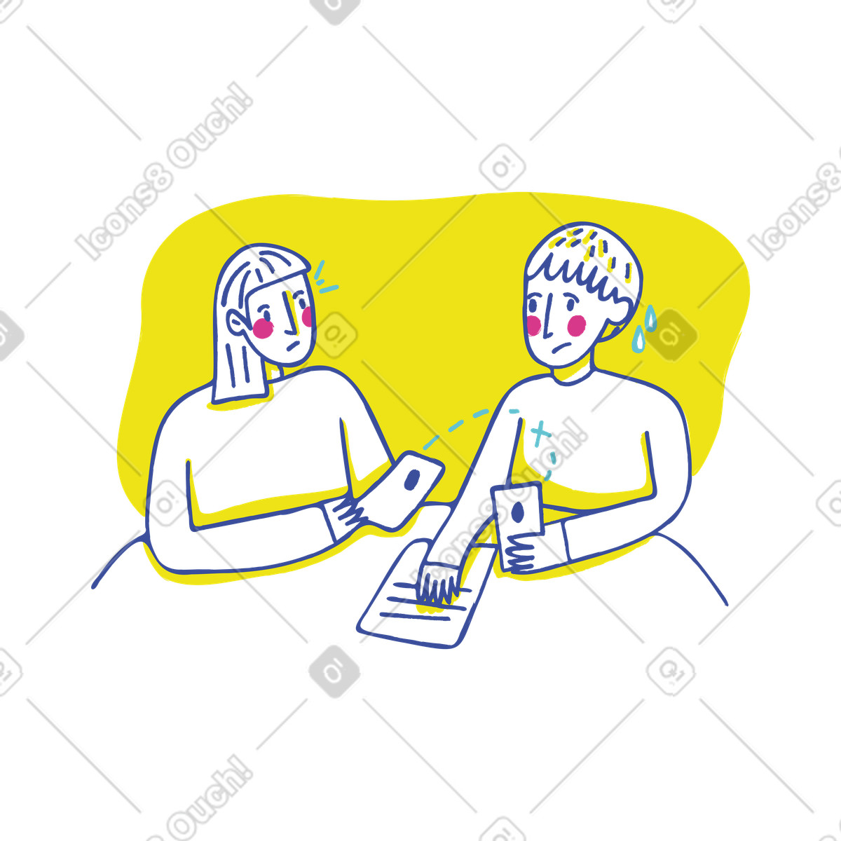 下载 Lime 风格的 Frustrated couple with phones, Communication breakdown or no connection 插画，支持 PNG、SVG 格式