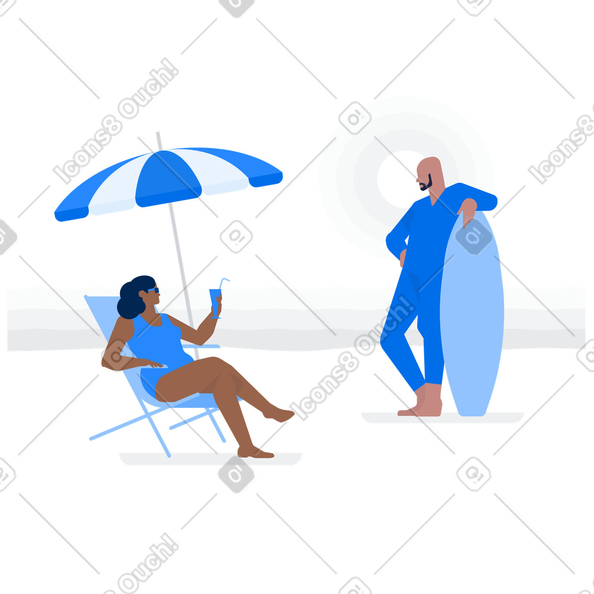 Uomo in piedi con tavola da surf e donna seduta su chaise longue illustrazione stile Urban scarica PNG, SVG