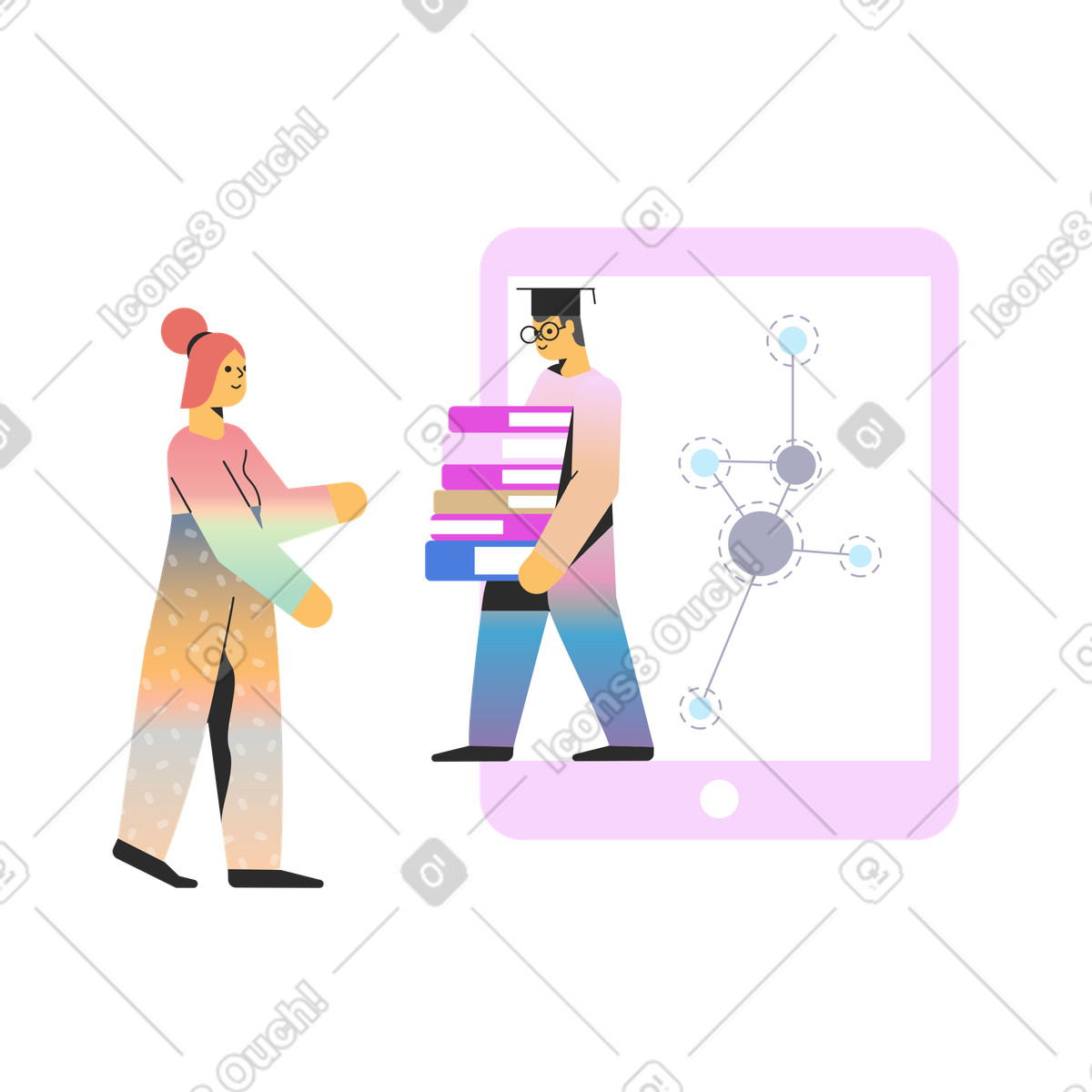 Ilustração de Tutor com livros para aluno representando educação digital em no estilo Marginalia baixar em PNG, SVG