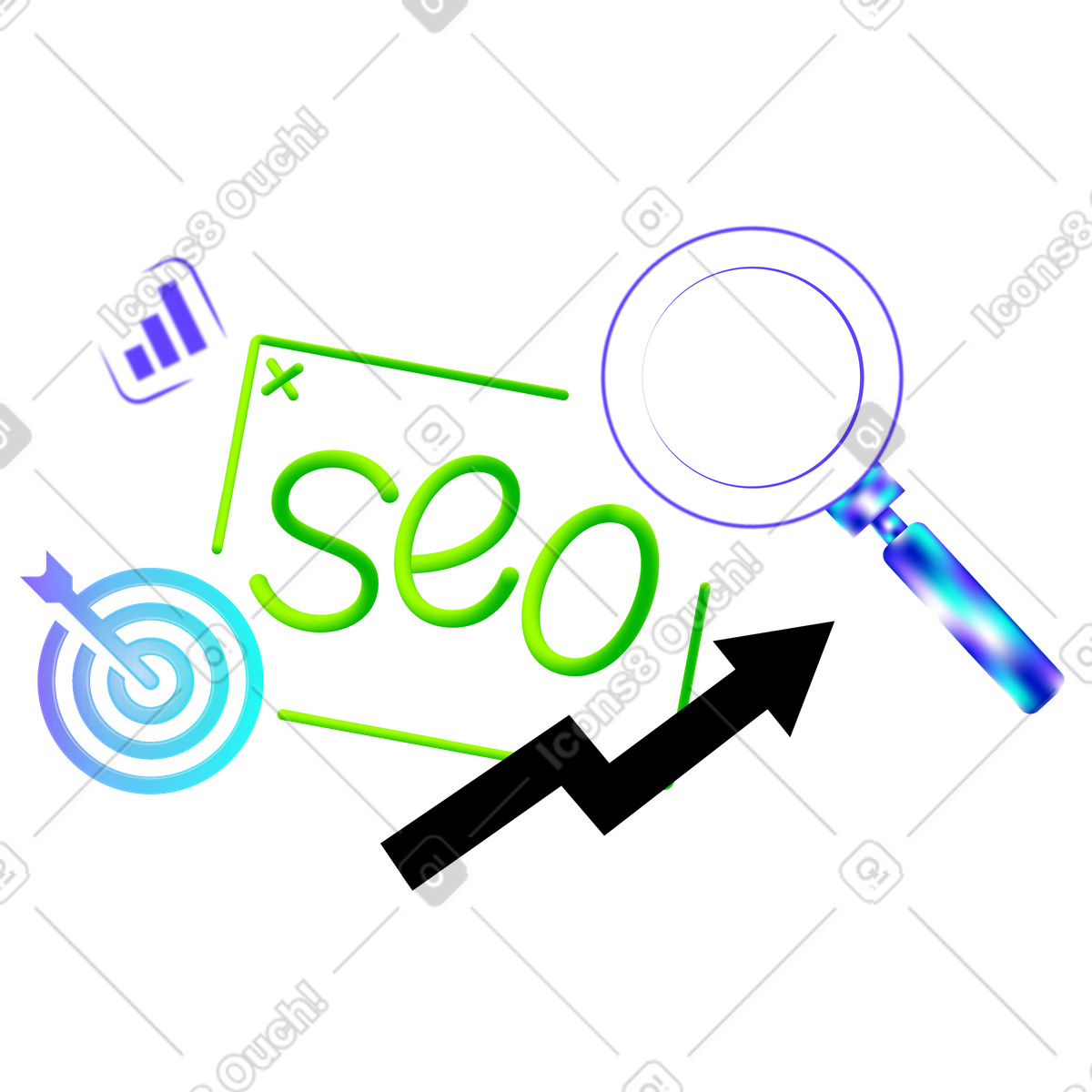 Magnifying glass over SEO sign and growth chart, Search engine research strategy illustration in Pure style download in PNG, SVG