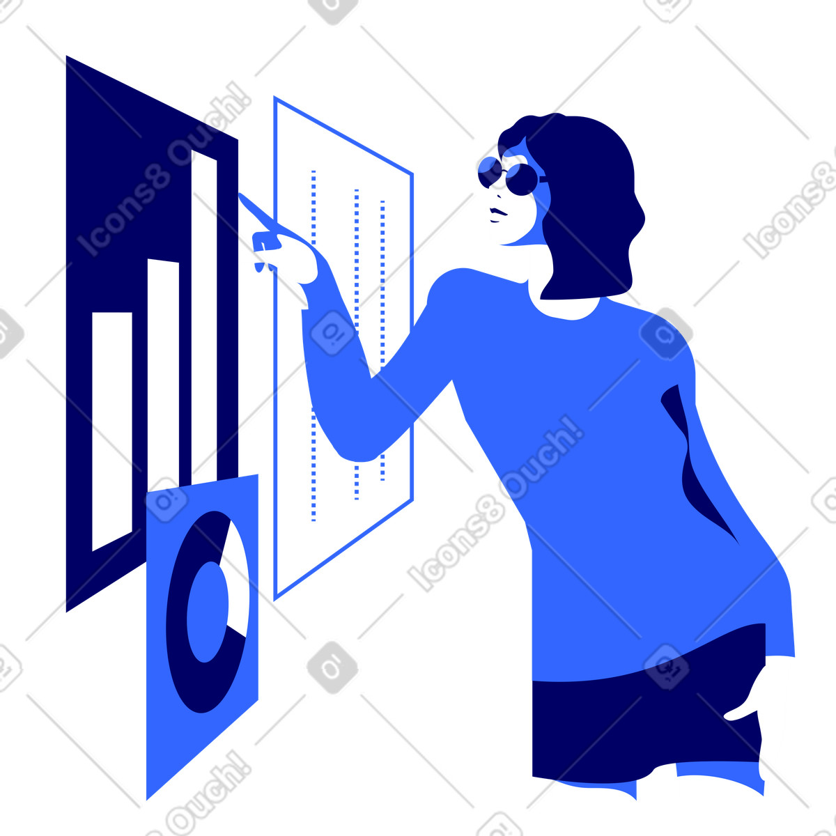 Ilustración Mujer mirando estadísticas empresariales en estilo Lounge a descargar en PNG y SVG