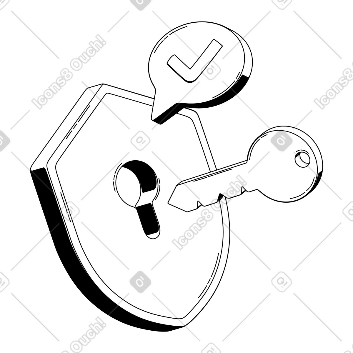 Ilustração animada de Escudo e chave com bolha marca seleção, autenticação cibersegurança controle acesso. em no estilo 3D Techny Line para baixar em GIF, Lottie (JSON), AE