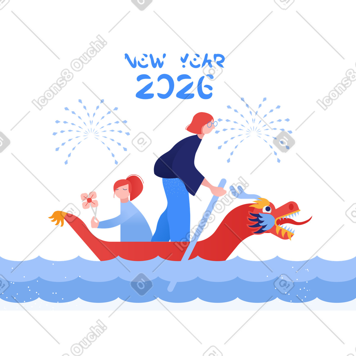 Two women celebrating 2026 in chinese dragon boat illustration Clip style download PNG, SVG