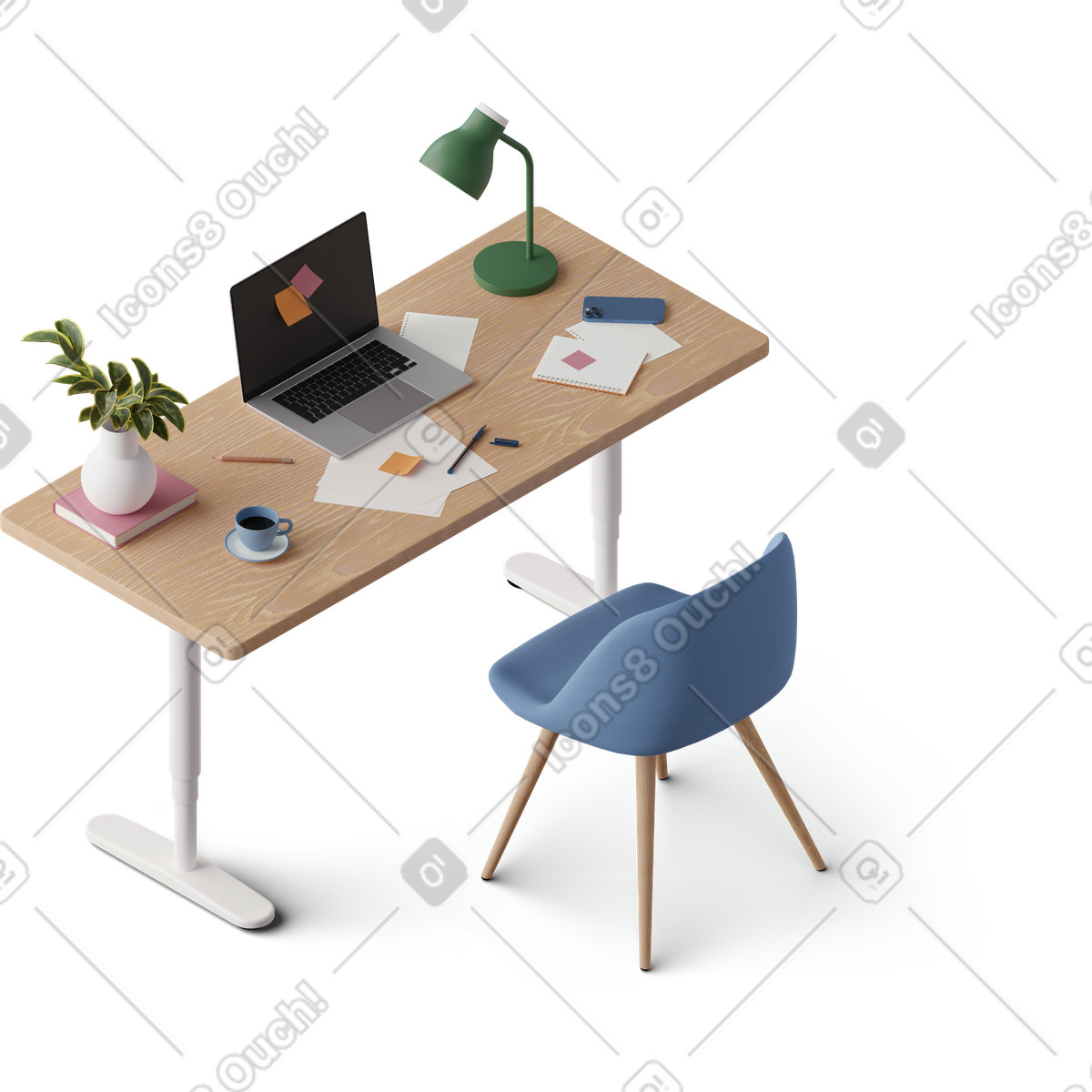 Vista isometrica della scrivania illustrazione in stile 3D Hygge scarica in PNG, SVG