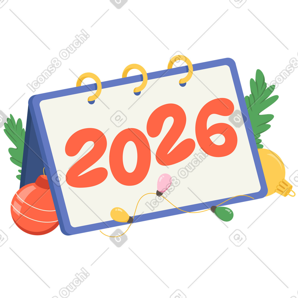 Lettering 2026 with christmas baubles and garland lights text illustration in Social style download in PNG, SVG