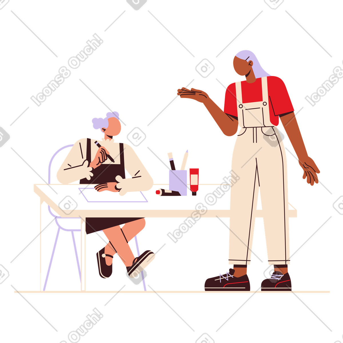Ilustración Student writing at desk with teacher giving instructions, School classroom interaction en estilo Folks a descargar en PNG y SVG