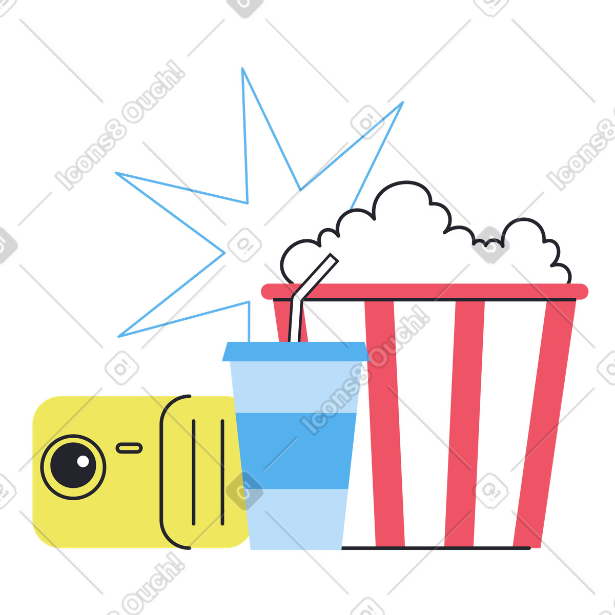 Popcorn mit limonade und projektor-Illustration im Boba-Stil als Download in PNG, SVG