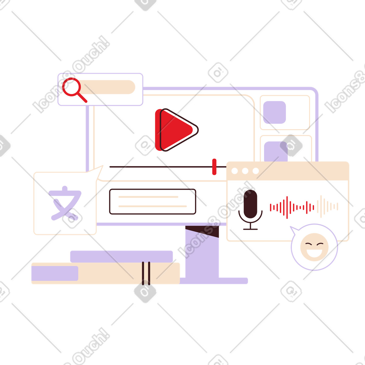 Educational video with translation, e-learning for language acquisition illustration in Folks style download in PNG, SVG