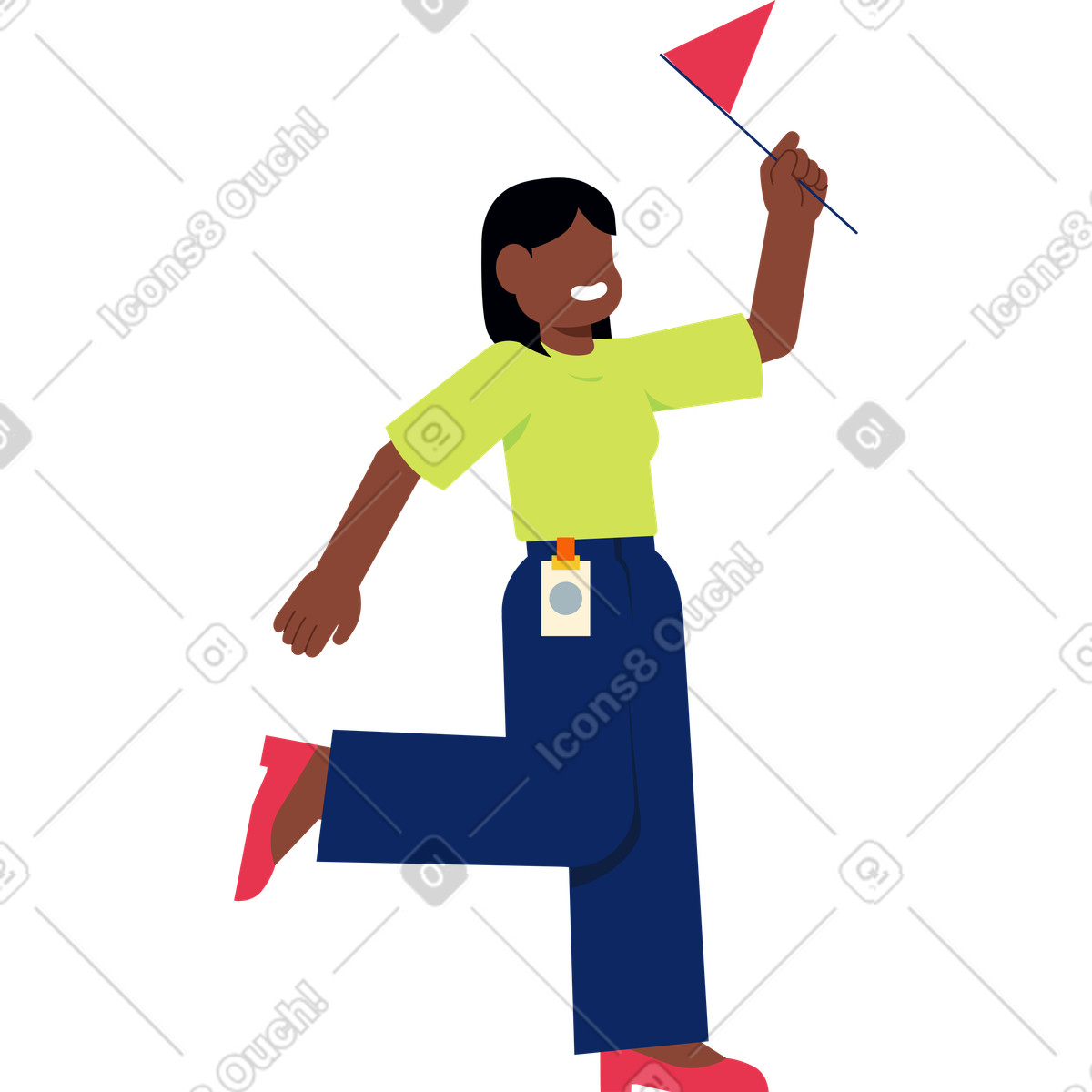 Frau springt freudig mit einer fahne-Illustration im Catchy-Stil als Download in PNG, SVG