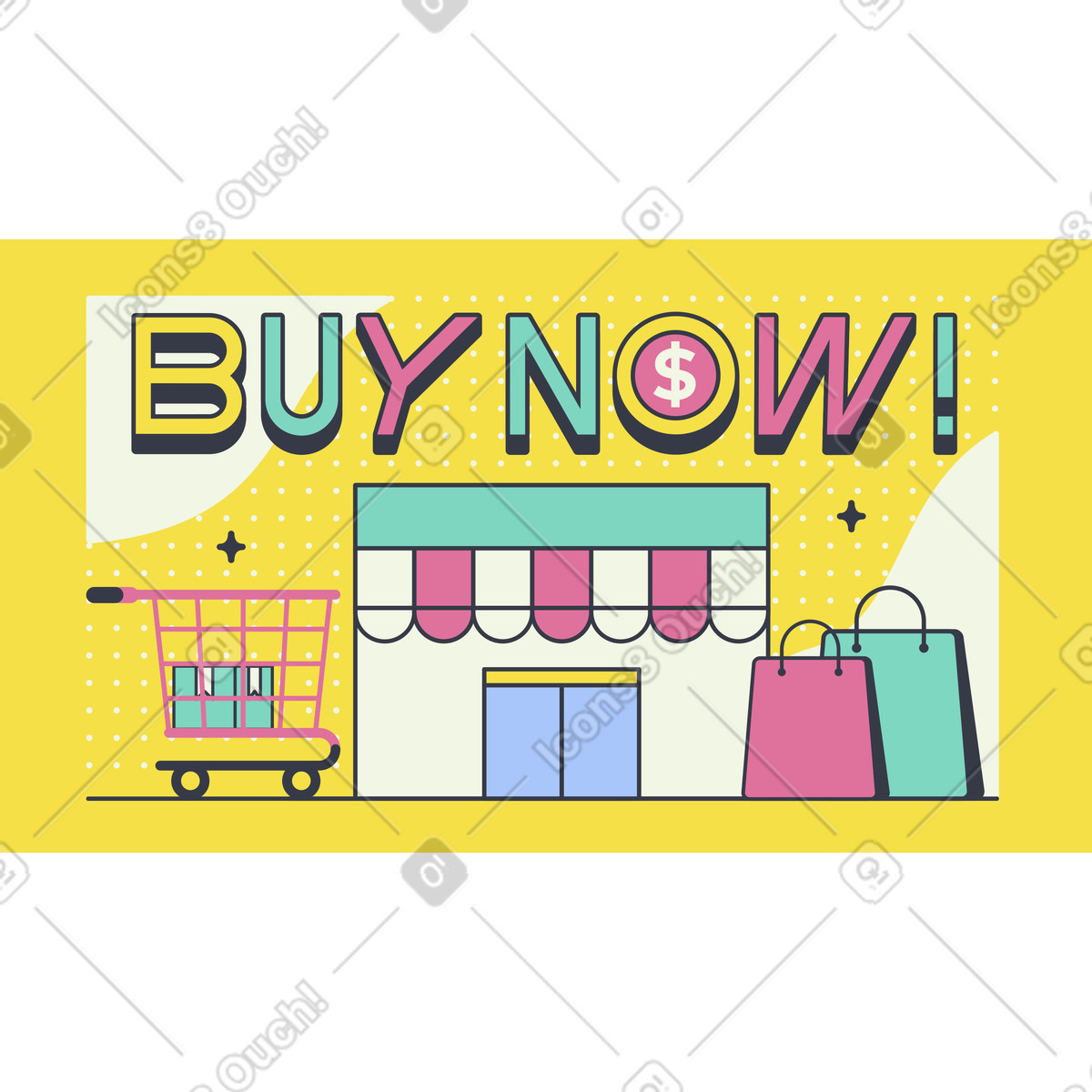 Illustration Lettrage achetez maintenant ! avec des éléments commerciaux dans le style Abstract à télécharger aux formats PNG, SVG