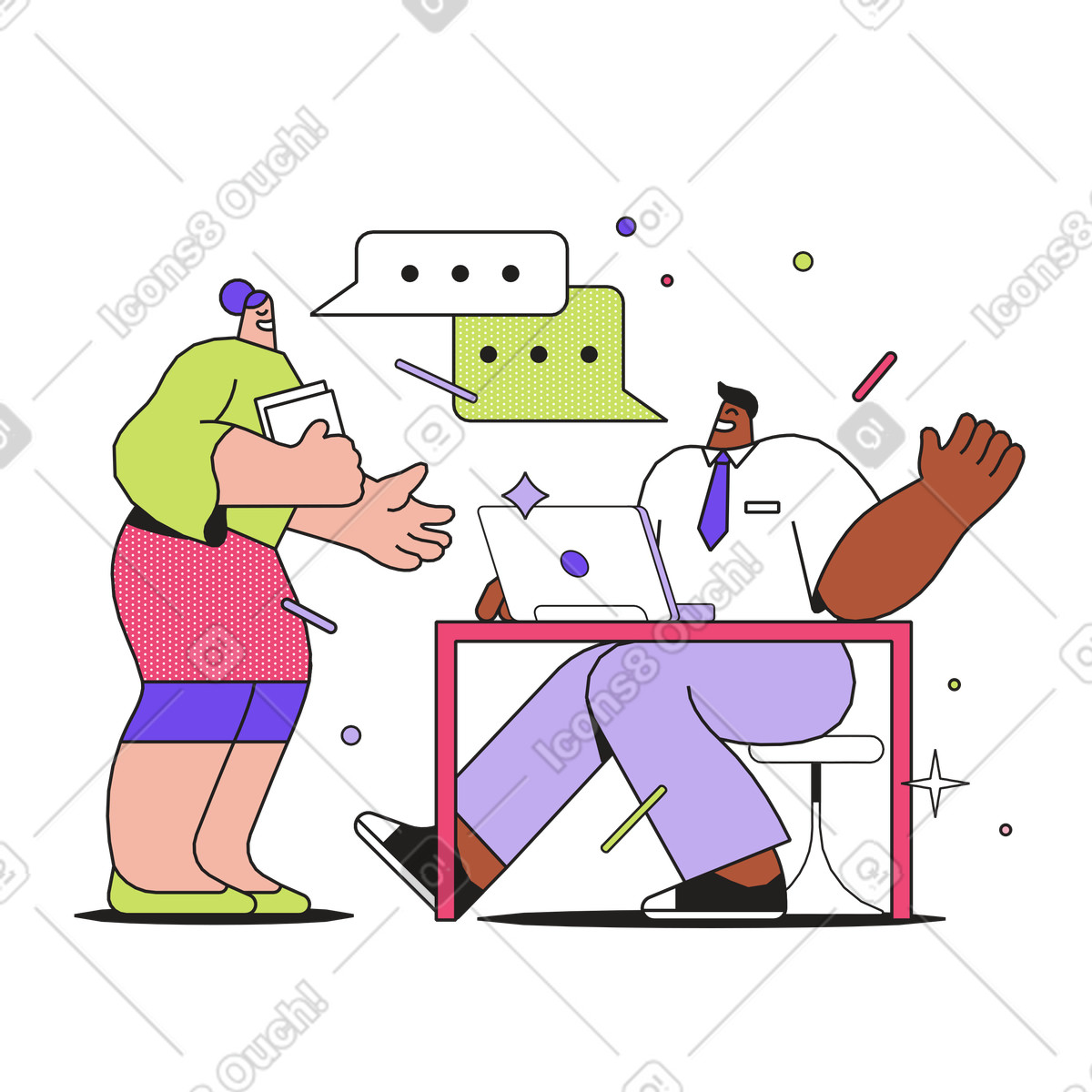 下载 Dazzle 风格的 Office workers having a discussion, Workplace communication and idea sharing 插画，支持 PNG、SVG 格式