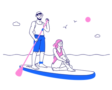 A man paddling and a woman sitting on a paddleboard - Matey style illustration