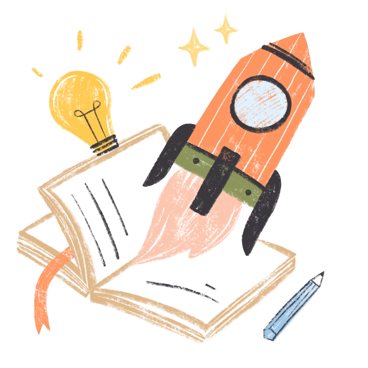 A rocket launching from an open book - Chalky style illustration