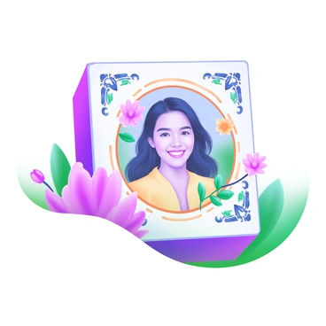 A "carte de visite" featuring a smiling person's portrait at the center. The portrait is surrounded by an ornate decorative floral border, with intricate detailing of blossoms and leaves in soft pastel colors. The background of the carte de visite has a subtle texture, enhancing the overall composition. The smiling person has medium-length hair and is wearing a light-colored shirt. The edges of the carte de visite are rounded, softening the overall appearance.