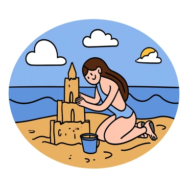 A young woman with light skin and long brown hair is kneeling on the sandy beach, focused on building an intricate sandcastle. She is wearing a light blue swimsuit and has a small bucket beside her, filled with wet sand. The ocean waves are gently crashing in the background, and the sky above is bright blue with a few fluffy white clouds. The sun is shining brightly, casting soft shadows on the sand.