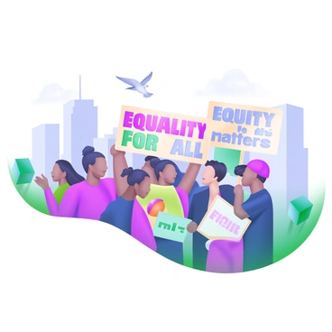 A modern pastel illustration depicting a peaceful protest scene. In the foreground, a diverse group of individuals stands together, each holding colorful signs that prominently feature the phrases "Equality for All" and "Equity Matters" in bold lettering. The crowd consists of people of various ethnicities and ages, showcasing a sense of unity and determination. In the background, soft pastel-colored buildings and trees create a harmonious atmosphere, while a few birds can be seen flying above, adding a sense of movement to the scene.