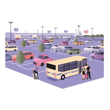 A digital flat illustration of an airport long-term parking lot filled with parked cars in various colors and models. There are large signs indicating "Long-Term Parking" throughout the lot. In the foreground, a shuttle bus with a bright yellow body and blue accents is stopping to pick up travelers. Several travelers with luggage are boarding the shuttle; one traveler is holding a large suitcase while another has a backpack. A few trees are scattered around the parking lot, providing some greenery. In the background, the silhouette of an airport terminal can be seen, suggesting activity and movement.